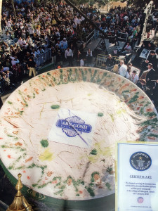 Counter attack: On Jan. 8, 2010, the Arab Israeli village of Abu Gosh served up this giant satellite dish full of hummus, weighing over 4 tons — about twice as much as the previous record set by Lebanon just months earlier. Alessio Romenzi/AFP/Getty Images 