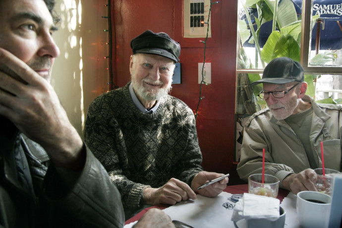 San Francisco luminary and famed poet Lawrence Ferlinghetti in the middle, sound designer Jim McKee on left, dramatist Erik Bauersfeld on right